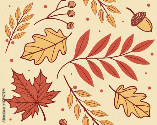 Seasonal seamless pattern of autumn leaves in warm fall tones, perfect for seasonal decor, packaging, and fabric design.