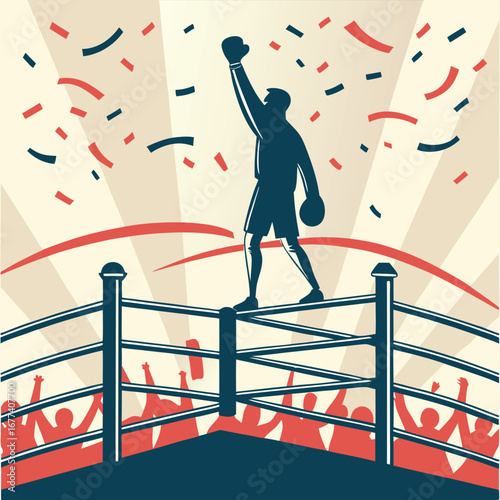 Boxer celebrating victory in boxing ring with confetti