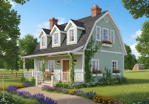 Charming light green gambrel roof cottage with white trim, dormer windows, and a welcoming front porch, set in a lush green landscape with colorful flowers