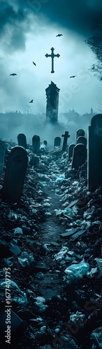 Gothic horror scene of a tombstone field