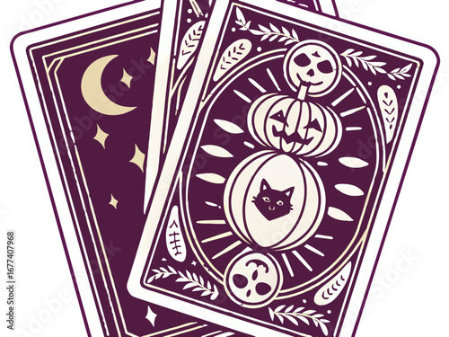 Mystical Halloween Tarot Cards with Cat, Pumpkin, and Skull Silhouette Vector