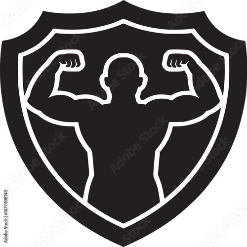 Black silhouette of muscular man flexing arms inside shield shape with white outline on white background