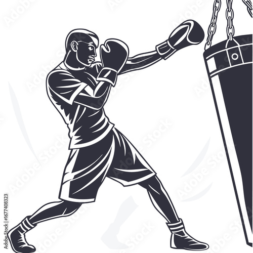 Boxer punching heavy bag in silhouette style boxing