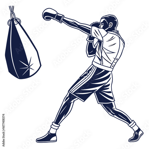 Boxer punching heavy bag in training boxing sport