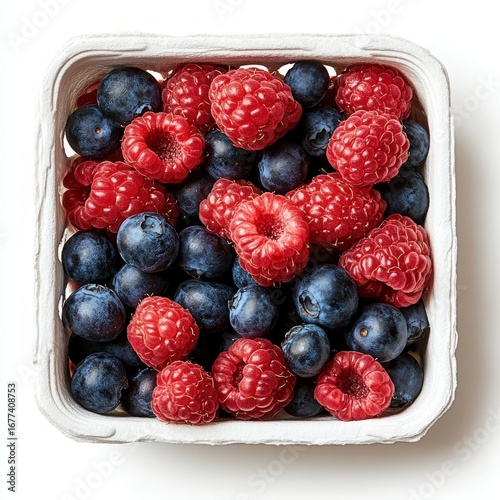 Raspberries and Blueberries in a Cardboard Container