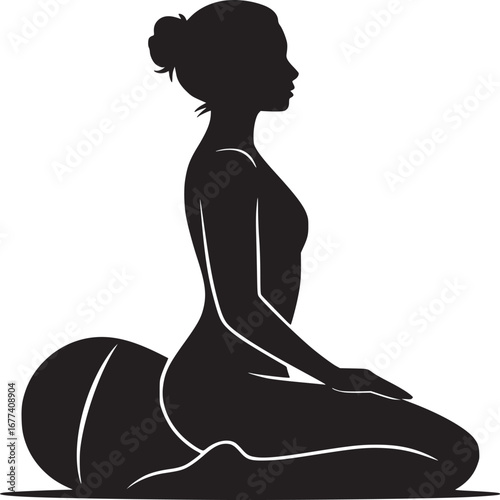 Silhouette of woman in yoga pose sitting on bolster with hair in bun against white background art