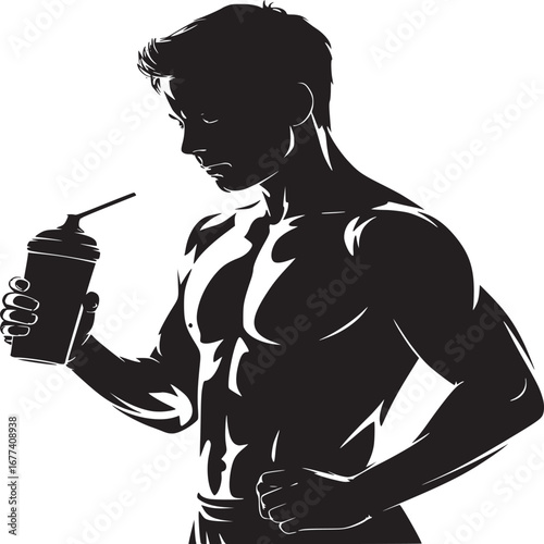 Silhouette of a muscular man holding a drink with a straw in a shaker on a white background art