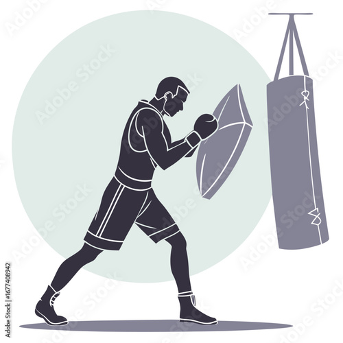 Boxer training with a punching bag and shield boxing