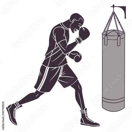 Boxer training with punch bag on white background boxing