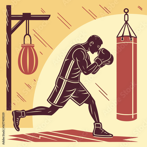 Boxer training with punching bag in vintage style boxing