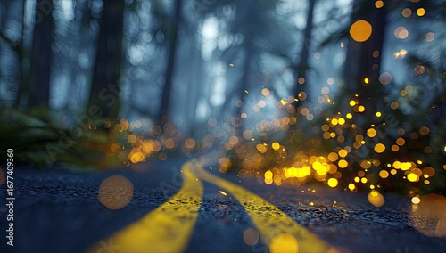 A winding asphalt road with double yellow lines cuts through a misty, dark forest at night, illuminated by glowing particles along the roadside