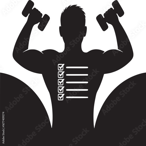Silhouette of muscular man lifting dumbbells with checklist on back in black and white fitness theme
