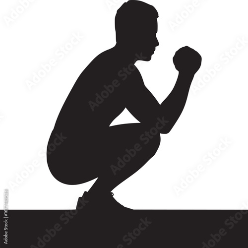 Silhouette of a man in a squatting position with his fists clenched against a white background art