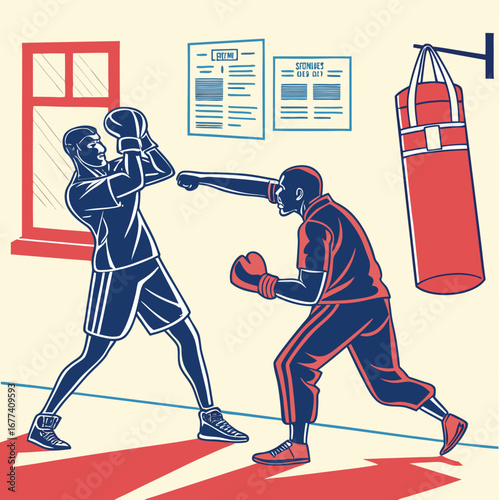 Boxers training in a gym with punching bags and posters