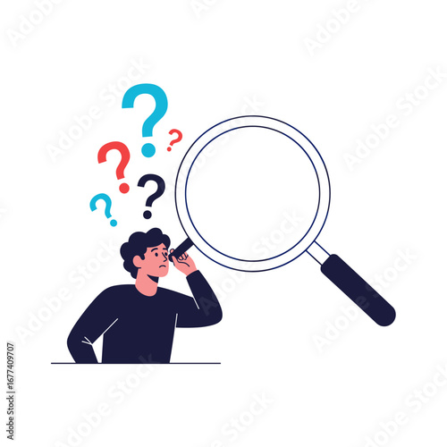 Discovering answers through careful observation and analytical thinking with magnifying glass and question marks