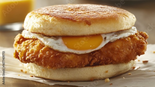 A classic chicken sandwich featuring a fried egg nestled in a toasted English muffin, perfect for breakfast or brunch, showcasing comfort and delicious flavors.
