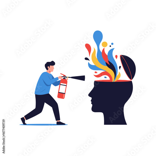 Person using fire extinguisher to control overactive imagination and creative outbursts from open head illustration