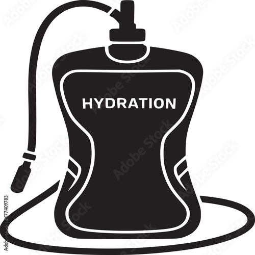 Black and white graphic of a hydration pack with a tube and the word hydration on the pouch