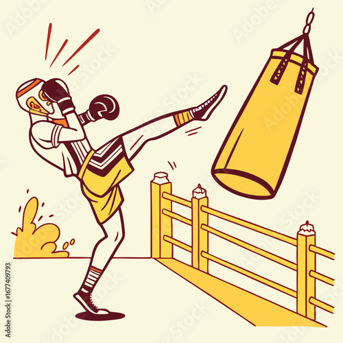 Kickboxer kicking punch bag with protective headgear