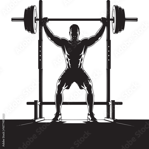 Silhouette of a muscular man lifting barbell overhead in a weightlifting rack on white background