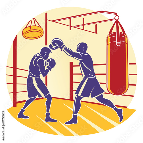 Two boxers sparring in a ring with punching bags boxing