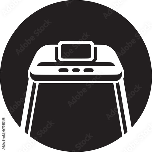 A black and white minimalist illustration of a treadmill inside of a black circle shape design