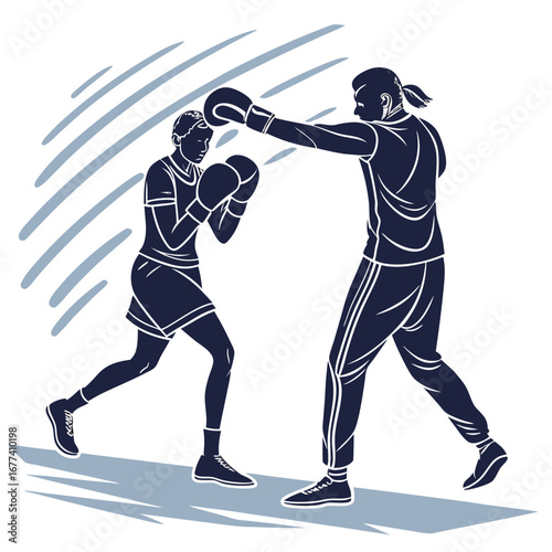 Two boxers training in a ring with abstract background lines