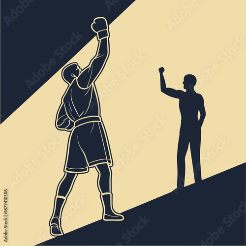 Victorious boxer raising fist with shadow opponent