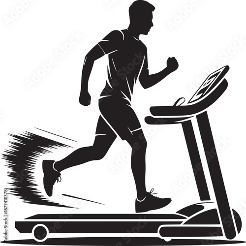 A silhouette of a man running on a treadmill with speed lines indicating motion on a white background