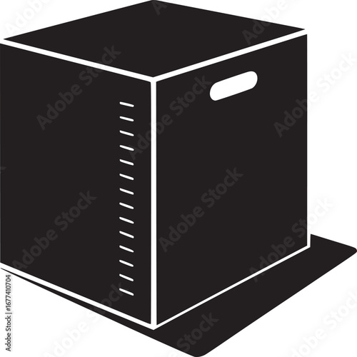 A black and white illustration of a box with a handle and vertical lines on the side casting a shadow