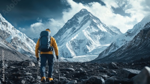 A lone hiker navigates the rugged terrain toward the breathtaking Mount Everest, showcasing the beauty and challenges of high-altitude trekking in a stunning landscape.