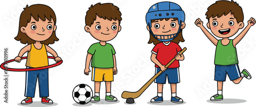 Cute cartoon kids playing sports, happy children activities, football soccer game, hockey practice, hula hoop fun, active lifestyle vector illustration