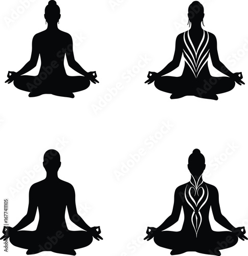 Meditation silhouette icons, seated yoga poses, chakra energy flow, mindfulness, spiritual alignment, wellness illustration, inner peace, holistic lifestyle, vector set