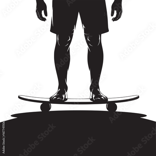 Silhouette of person standing on skateboard with shorts and bare feet in black and white style