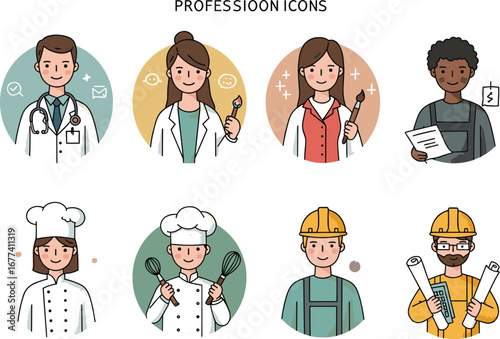 Profession icons set, diverse careers, doctor, dentist, artist, chef, cashier, construction worker, occupation characters, job roles, vector illustration, tools