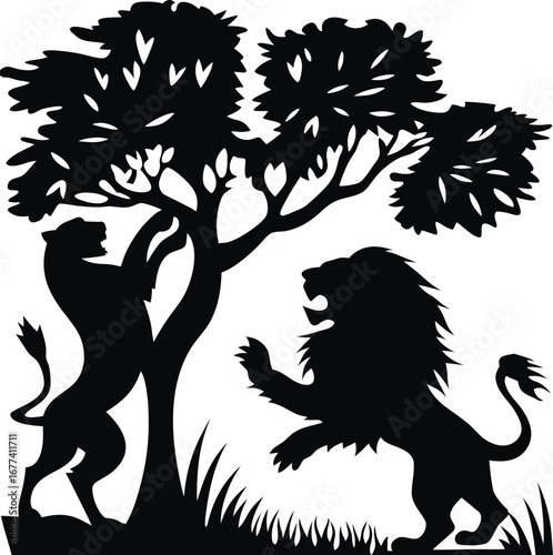 Silhouette of two lions fighting under a tree with grass in the foreground on a white background