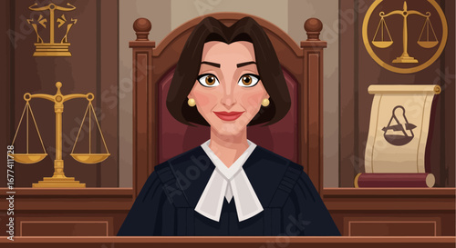 Smiling Female Judge Presiding in a Courtroom with Scales of Justice and Legal Symbols