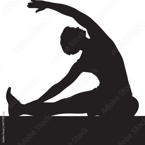 Silhouette of a person stretching with one leg extended and arm raised against a white background