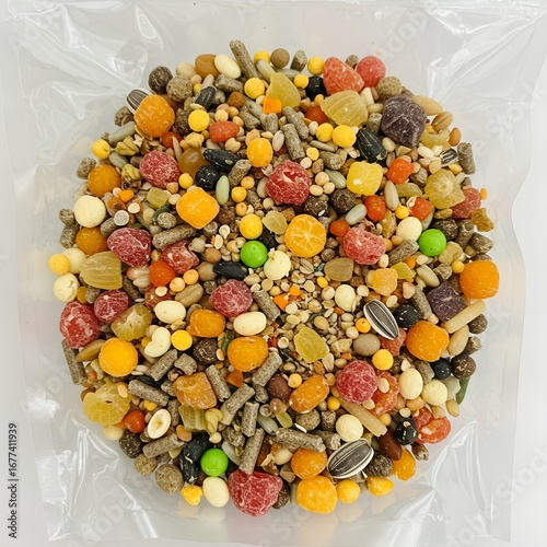 premium bird food with fruits, seeds, and vitamins
