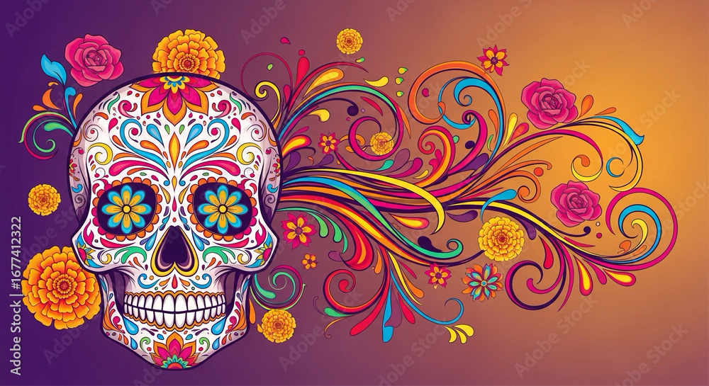 Abstract decorative background with swirls, flowers, and sugar skull.