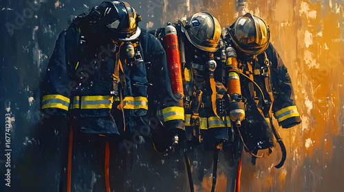Impressionist painting of firefighter coats.