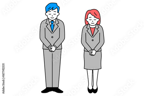 お辞儀をするスーツの男女　セット（全身）