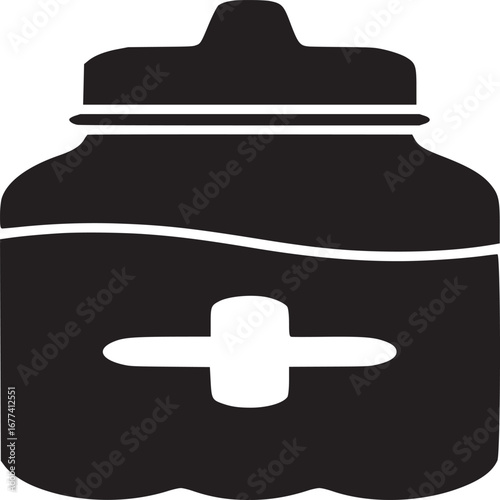 Black and white silhouette of a bottle with a plus sign on it against a white background simple design