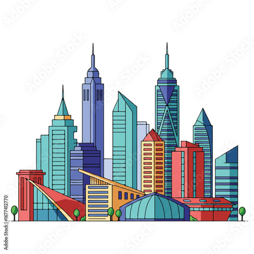 Colorful skyline of modern architectural buildings presented as a vibrant flat 2D vector illustration, set against a pristine white background for a clean, contemporary look.