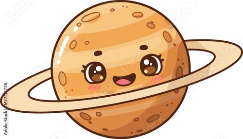 Cute cartoon Saturn planet with smiling face and rings, kawaii space illustration, adorable astronomy character vector design for kids clipart
