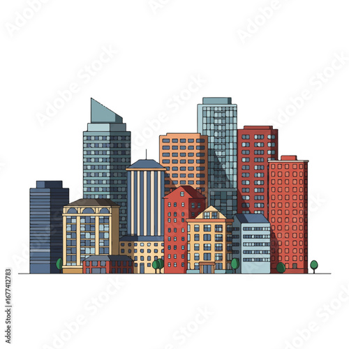 Residential city skyline featuring an array of modern apartment towers, depicted in a clean flat 2D vector illustration, isolated on a bright white background.
