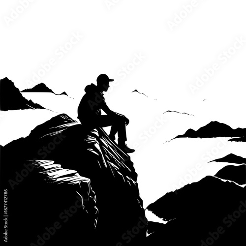 Man silhouette on peak, adventure and solitude
