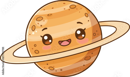 Cute cartoon Saturn planet with smiling kawaii face, adorable space illustration, happy astronomy character, vector design for kids artwork