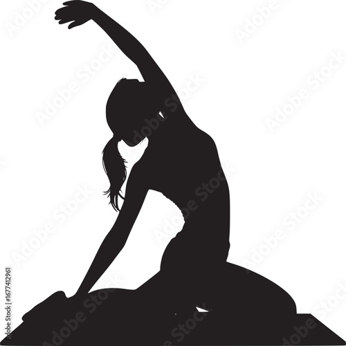Silhouette of woman stretching on yoga mat in kneeling position with arm raised overhead in studio