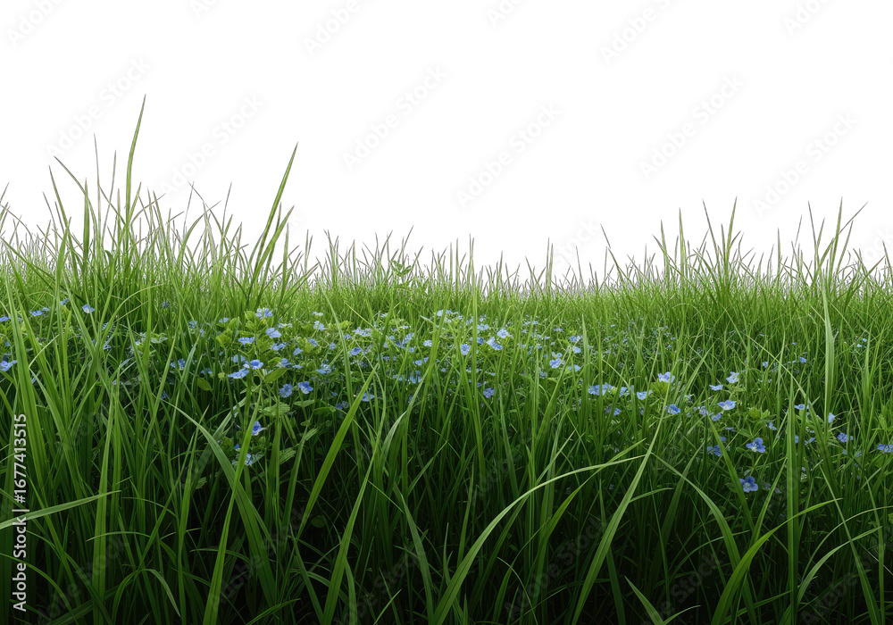 Fototapeta premium Lush Green Grass with Delicate Blue Flowers on Transparent Background for Design